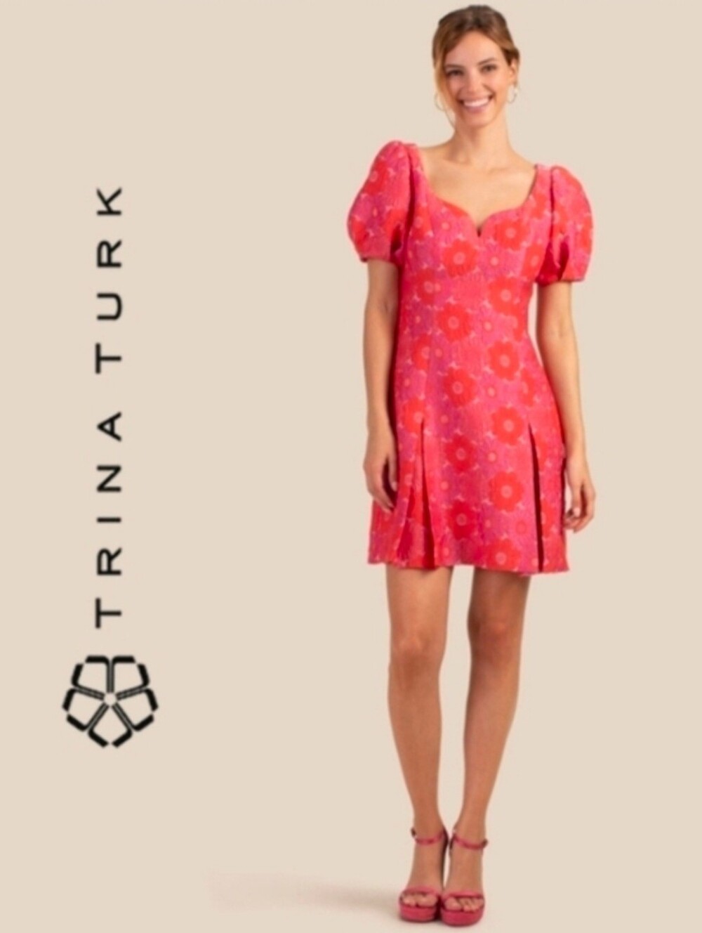 Trina Turk Devi Jacquard Floral Puff Sleeve Mini Dress - Pink Coral - Size 10